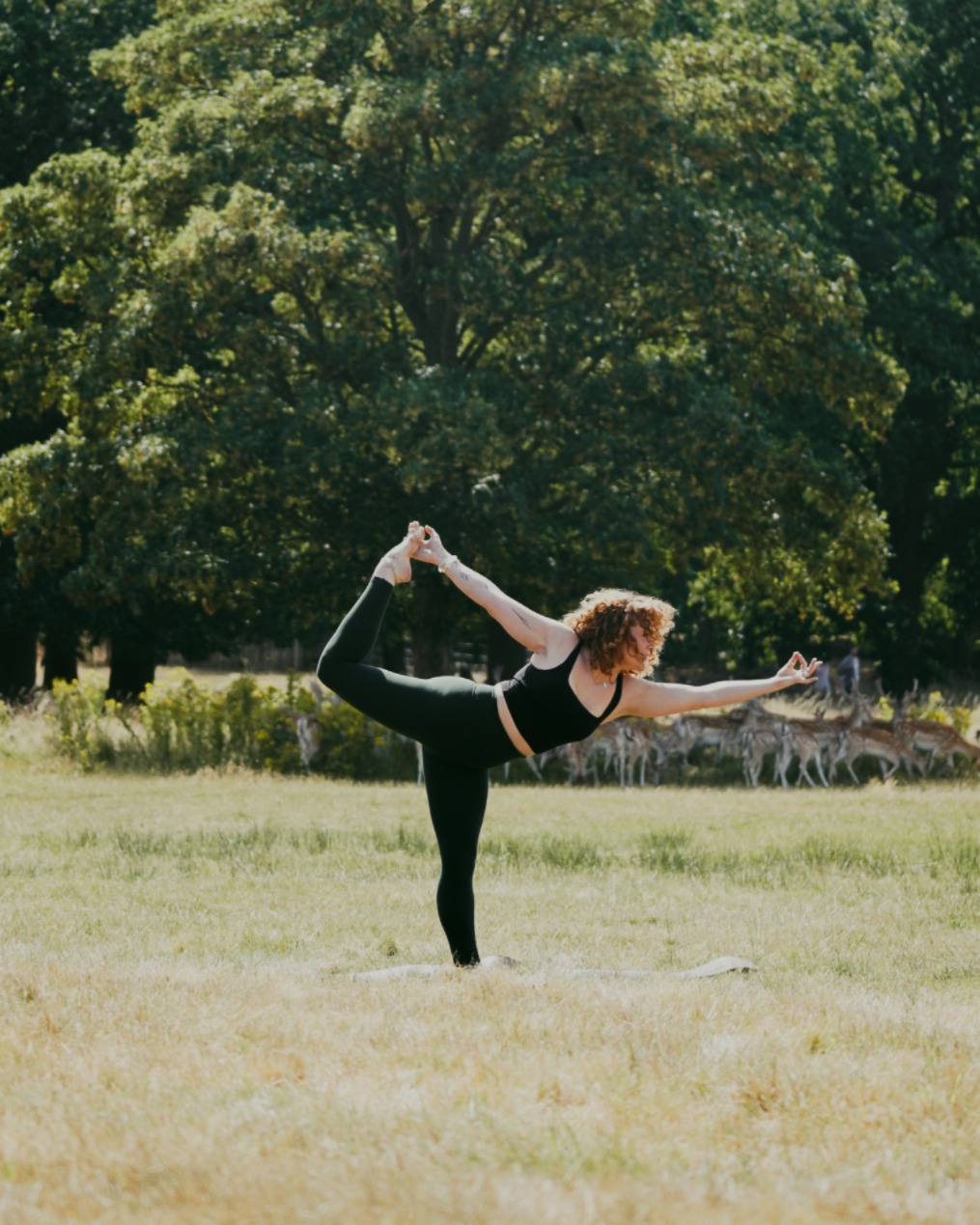 Grace in dancer pose in a meadow, with deer in the background
